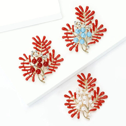 Elegante Spilla a Ramo di Corallo in Lega Con Strass E Perla Artificiale Smaltata Spilla a Pianta Accessori Moda Donna