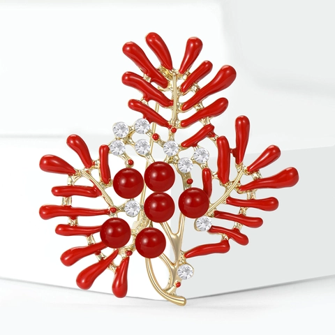 Elegant Alloy Enamel Coral Branch Brooch Gold Plated Rhinestone Faux Pearl Flower Jewelry For Women Banquet Party Accessory