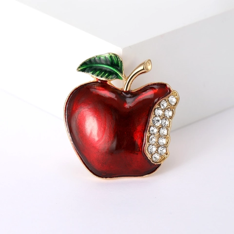 Broche De Manzana Roja Vintage De Aleación Con Esmalte Y Strass Chapado En Oro Pin De Solapa De Fruta Para Mujer Suéter Abrigo Joyería Regalo