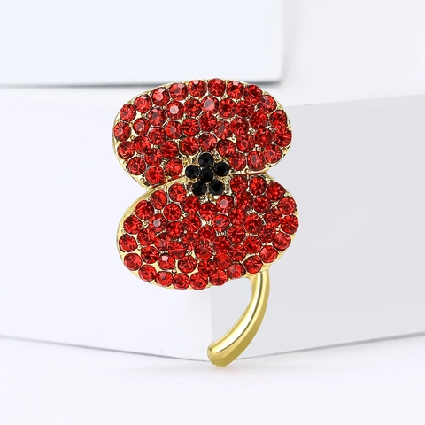 Red Poppy Flower Brooch For Women Rhinestone Inlaid Alloy Floral Pin Fashion Jewelry Corsage Accessories Gift Princess Style