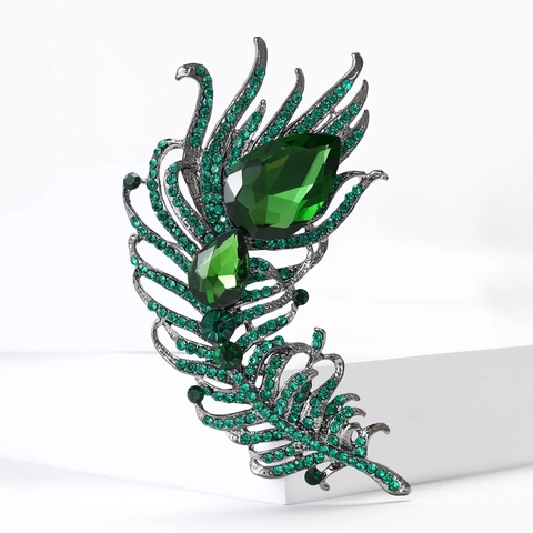 Vintage Legering Smaragdgroen Pauw Veer Broche Voor Vrouwen Kristal Strass Grote Broche Speld Voor Pak Bruiloft Banket Feest Accessoire