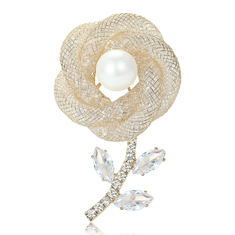 Eleganter Legierung Blume Brosche Mit Künstlicher Perle Und Strass Luxus Goldene Florale Brustnadel Für Damen Hochzeit Party Schmuck