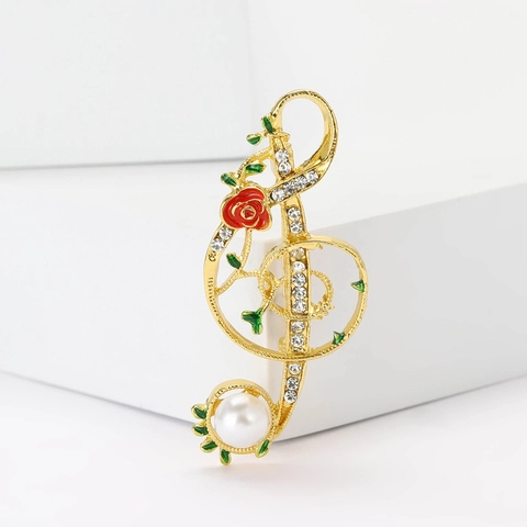 Elegante Spilla a Forma di Nota Musicale in Lega con Strass Perla Artificiale Rosa Rossa Design Chiave di Violino per Donna