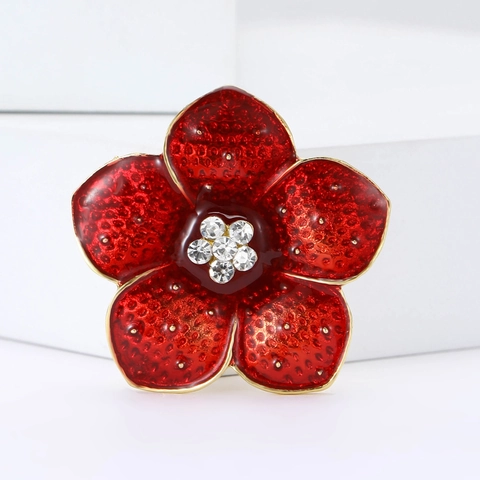 Elegant Alloy Enamel Poppy Flower Brooch For Women Red Floral Rhinestone Corsage Pin Fashion Clothing Decoration Accessory
