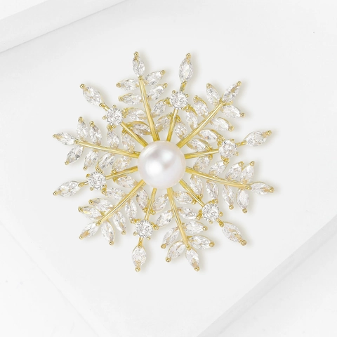 Lussuosa Spilla a Fiocco di Neve in Rame Con Perla Artificiale e Strass Elegante Oro Donna Accessori per Cappotto per Festa di Natale
