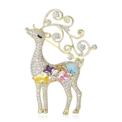 Elegante Spilla a Forma di Renna in Rame con Zirconia Micro-pavé Gemme Colorate Spilla per Abiti da Donna Gioielli Decorazione
