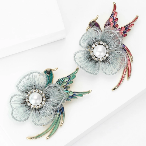 Broche de Flor de Fénix de Estilo Chino Vintage para Mujer Aleación Esmalte Perla Artificial de Imitación Strass Gasa Pin Floral Accesorio