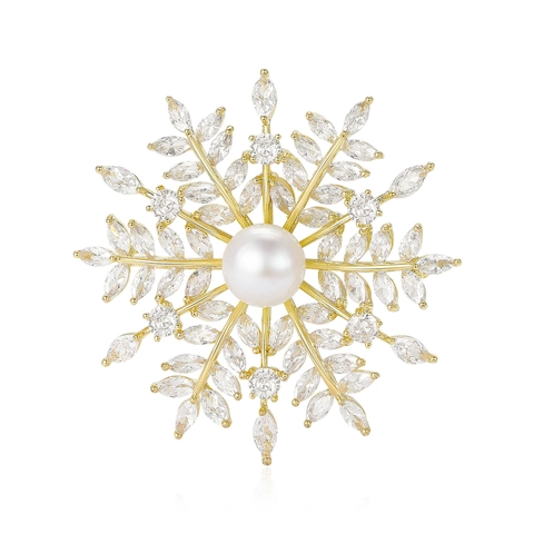 Lussuosa Spilla a Fiocco di Neve in Rame Con Perla Artificiale e Strass Elegante Oro Donna Accessori per Cappotto per Festa di Natale