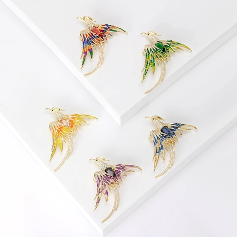 Broche Phénix de Luxe en Cuivre Émaillé pour Femmes Style Chinois Vintage Strass Animal Corsage Bijoux Plaqués Or Accessoire