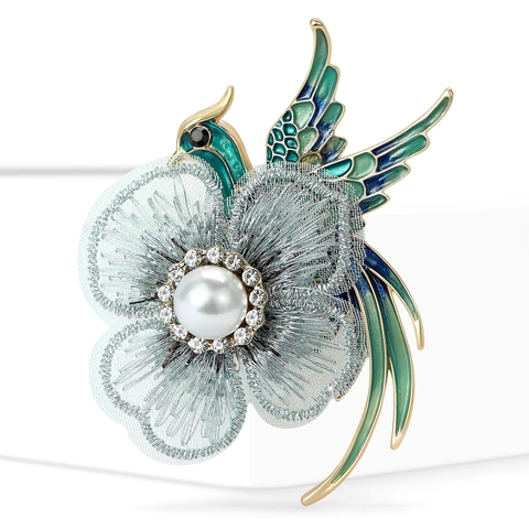 Broche de Flor de Fénix de Estilo Chino Vintage para Mujer Aleación Esmalte Perla Artificial de Imitación Strass Gasa Pin Floral Accesorio