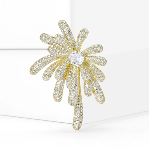 Zircon Inlaid Fireworks Flower Brooch For Women Gold Plated Copper Elegant Coat Pin For Wedding Banquet Party Jewelry