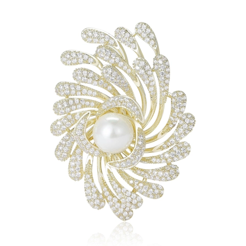 Elegante Spilla a Spirale in Rame Fuochi d'Artificio Con Zirconia e Perla Artificiale Lussuosa Spilla a Fiore per Donna Gioielli