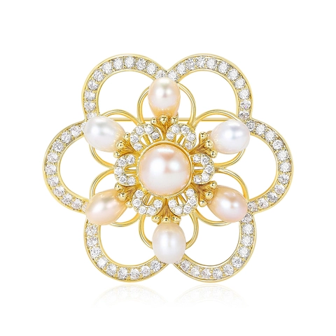 Elegante Spilla a Forma di Fiore di Camelia con Perle per Donna Svuotata Placcata in Oro Strass Spilla da Giacca per Abito