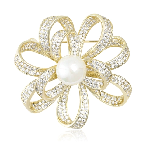 Broche Elegante de Cobre Circonia Perla Artificial Lazo Floral para Mujer Estilo Coreano Chapado en Oro Joyería de Boda