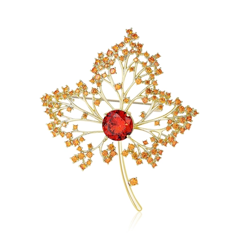 Lussuosa Spilla a Foglia di Acero in Rame e Zirconia per Donna Gioiello Foglia d'Autunno Rosso Granato Dorato Accessorio