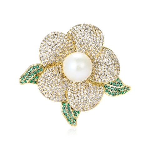 Copper Zirconia Camellia Flower Brooch For Women Elegant Fashion Artificial Pearl Resin Inlaid Lapel Pin Jewelry Gift