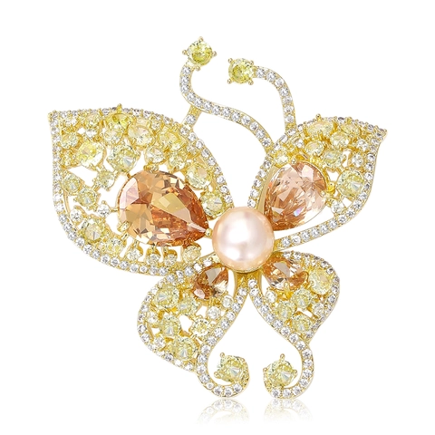 Exquisite Copper Zirconia Butterfly Brooch For Women Luxury Artificial Pearl Inlaid Golden Animal Corsage Pin Jewelry Gift