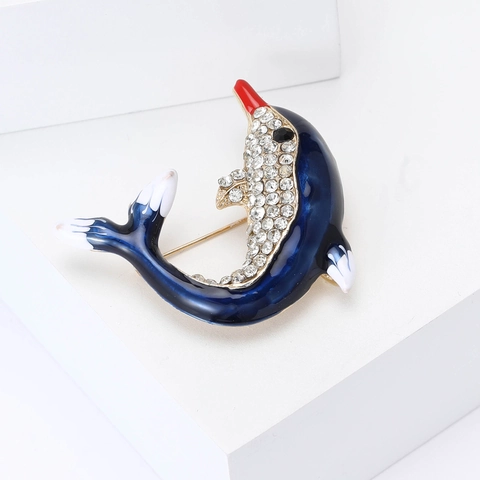 Broche de Delfín de Esmalte de Aleación de Moda con Diamantes de Imitación Blancos Pin de Solapa de Animal Azul