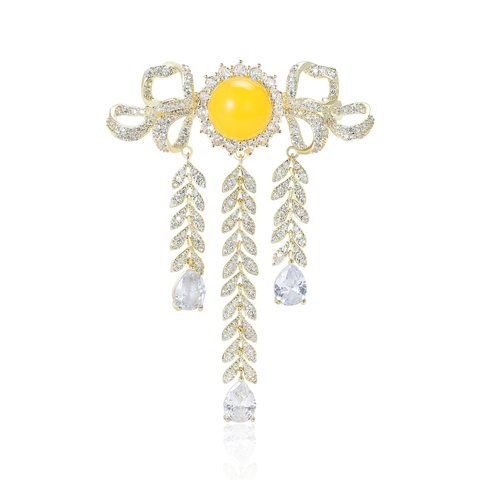 Vintage Koperen Zirconia Bloem Kwastje Broche voor Vrouwen Elegante Paleis Strik Gele Steen Micro Inleg Reversspeld