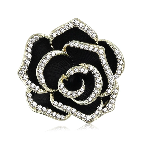 Elegant Camellia Flower Brooch Alloy Black Enamel Rhinestone Pin For Women Fashion OL Style Suit Dress Accessory Jewelry Gift
