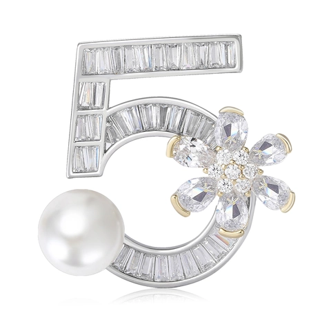 Elegante Spilla in Rame Numero 5 Con Fiore in Zirconia E Grande Perla Artificial Gioielli Di Moda Di Lusso Per Donna Cappotto Abito