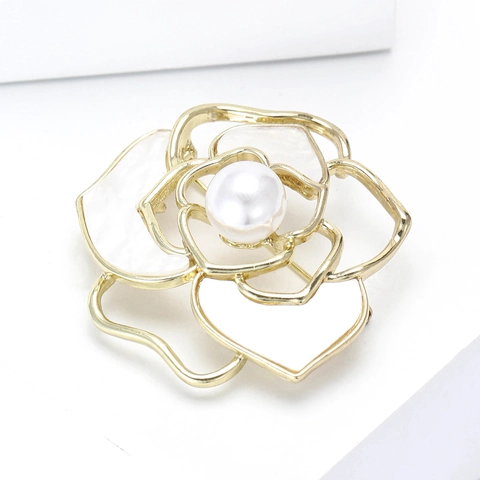 Spilla a Fiore di Camelia in Lega Vintage per Donna con Intarsio in Smalto e Perla Artificiale Elegante Spilla da Giacca Gioielli