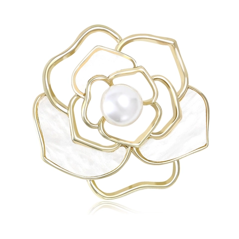 Spilla a Fiore di Camelia in Lega Vintage per Donna con Intarsio in Smalto e Perla Artificiale Elegante Spilla da Giacca Gioielli