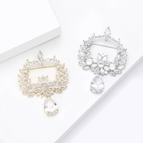 Elegante Olijftak Krans Brosje Koper Zirconia Luxe Micro Ingelegd Bloemencorsage Druppelhanger Speld Voor Dames Jas Kostuum