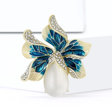 Elegante Spilla A Fiore In Lega Per Donna Con Pietra Occhio Di Gatto Strass Intarsiato Gocciolamento D'olio Smalto Pianta Corpetto Spilla Per Abito Cardigan