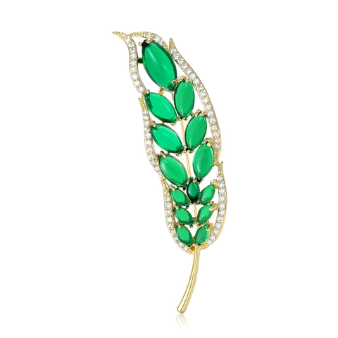 Elegante Spilla in Rame con Zirconia a Forma di Foglia per Donna Placcata Oro con Pietra Verde Marquise Piuma Gioielli Vintage