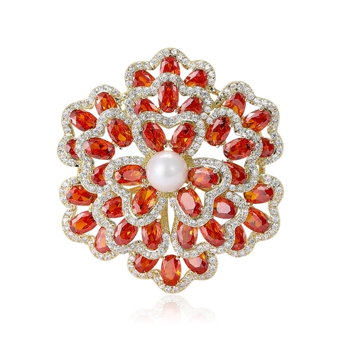 Elegante Kupfer Begonienblüte Brosche Für Damen Mit Künstlicher Perle Und Strass High End Blumennadel Für Party Hochzeit Schmuck