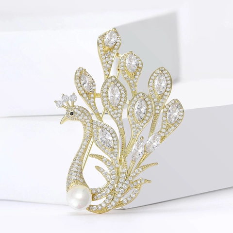 Luxus Vergoldet Kupfer Pfau Brosche Nadel Für Damen Mit Schimmerndem Zirkonia Und Eleganter Kunstperle Schmuck Geschenk