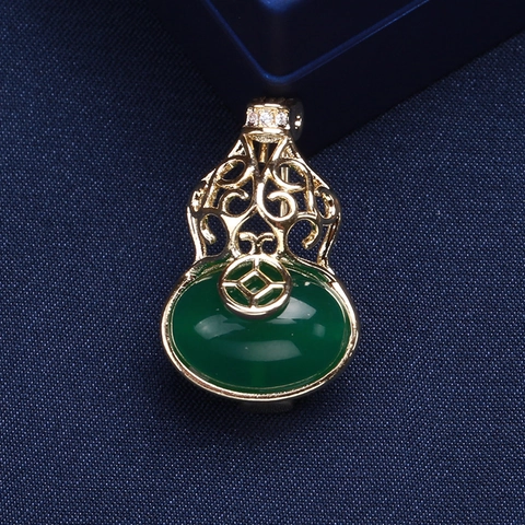 Vintage Chinese Style Hollow Gourd Brooch Copper Real Gold Plated Green Stone Inlaid Zirconia Brooches For Women Jewelry Gift