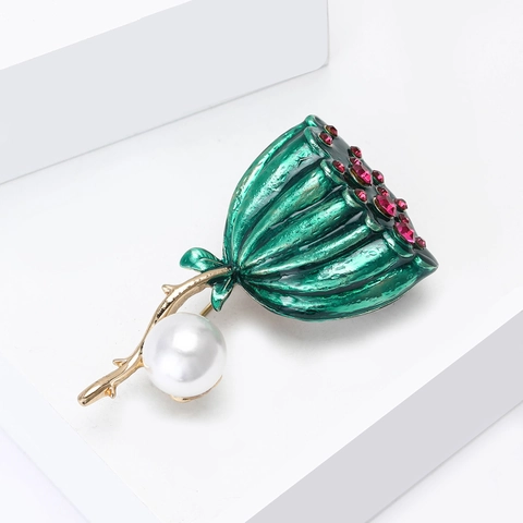 Vintage Emaille Lotossamenkapsel Brosche Für Damen Mit Rosa Strass Und Weißem Künstliche Perlenimitat Legierung Blumen Anstecknadel Schmuck
