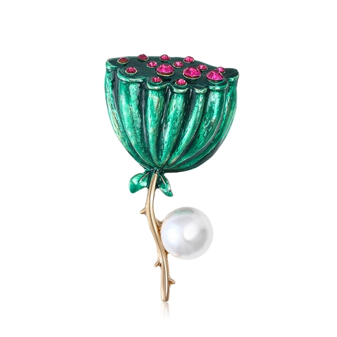 Spilla Vintage a Forma di Baccello di Loto per Donna in Lega Smalto Verde Pianta Fiore Strass Spilla con Perla Artificiale