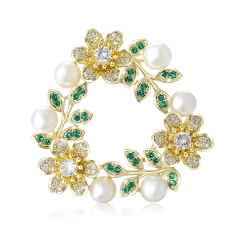 Elegant Copper Zirconia Flower Garland Brooch With Artificial Pearl Gold Floral Corsage Suit Pin For Women Jewelry Gift