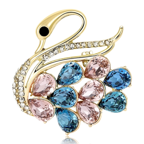 Elegante Spilla a Cigno in Rame Placcato Oro con Strass Colorati Intarsiati Pin Animale per Donna Matrimonio Banchetto Gioielli