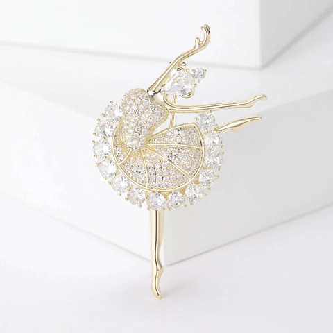 Elegant Copper Ballet Girl Brooch With Zirconia Inlaid Gold Silver Plated Dancing Dancer Pins For Women Sweater Coat Accessories