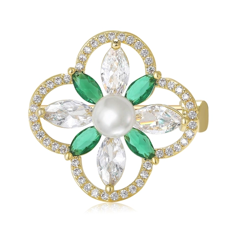 Lussuosa Spilla a Quadrifoglio in Rame e Zirconia Con Perla Artificiale Elegante Corpetto a Fiore da Donna Gioielli di Moda