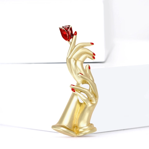 Artistic Alloy Hand Holding Rose Brooch Enamel Red Flower Suit Pin Western Unique Fashion Jewelry Gift For Men Women