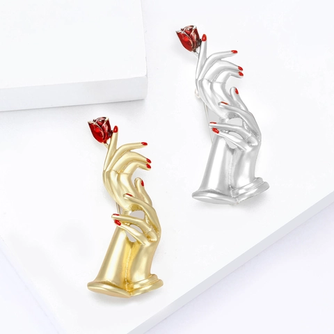 Artistic Alloy Hand Holding Rose Brooch Enamel Red Flower Suit Pin Western Unique Fashion Jewelry Gift For Men Women