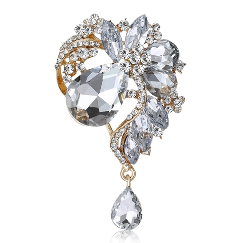 Vintage Alloy Rhinestone Flower Brooch Pin With Water Drop Artificial Glass Pendant For Women Elegant Fashion Dress Accessories