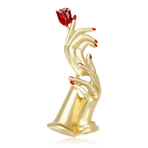 Creative Alloy Hand Holding Red Rose Brooch Pin Enamel Drip Oil Plated Vintage Fashion Clothing Accessories For Women Men Gift Jewelry