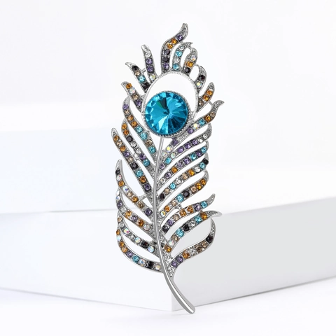 Broche Plume en Alliage d'Argent Vintage avec Strass Colorés Cristal Bleu Inlay Épingle pour Accessoires de Costume Femme Mariage Bijoux
