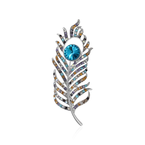 Broche Plume en Alliage d'Argent Vintage avec Strass Colorés Cristal Bleu Inlay Épingle pour Accessoires de Costume Femme Mariage Bijoux