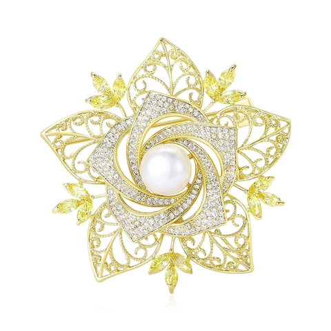 Vintage Camellia Bloem Brosche Voor Vrouwen Koperen Speld Met Kunstparel Strass Opengewerkt Bloemen Jas Sjaal Accessoires