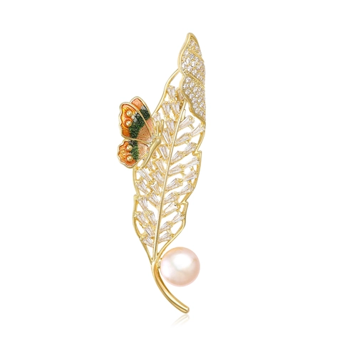Elegante Spilla a Foglia di Farfalla in Rame e Zirconia Con Perla Artificiale Gioielli Personalizzati di Moda Per Donna