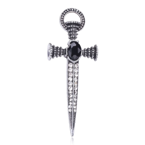 Punk Gothic Sword Cross Brooch For Men Women Alloy Rhinestone Vintage Silver Knight Dagger Suit Lapel Pin Jewelry Gift