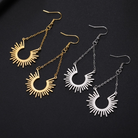 Roestvrij Stalen Zonnestraal Hangende Oorbellen Geometrische Opengewerkte Hangertjes Bohemien Sieraden Voor Vrouwen