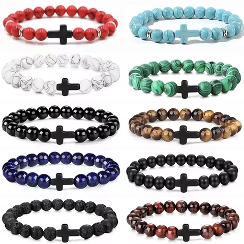 Natural Stone Beaded Bracelet With Cross Pendant Tiger Eye Obsidian Lava Stone Elastic Bracelet For Unisex Religious Jewelry